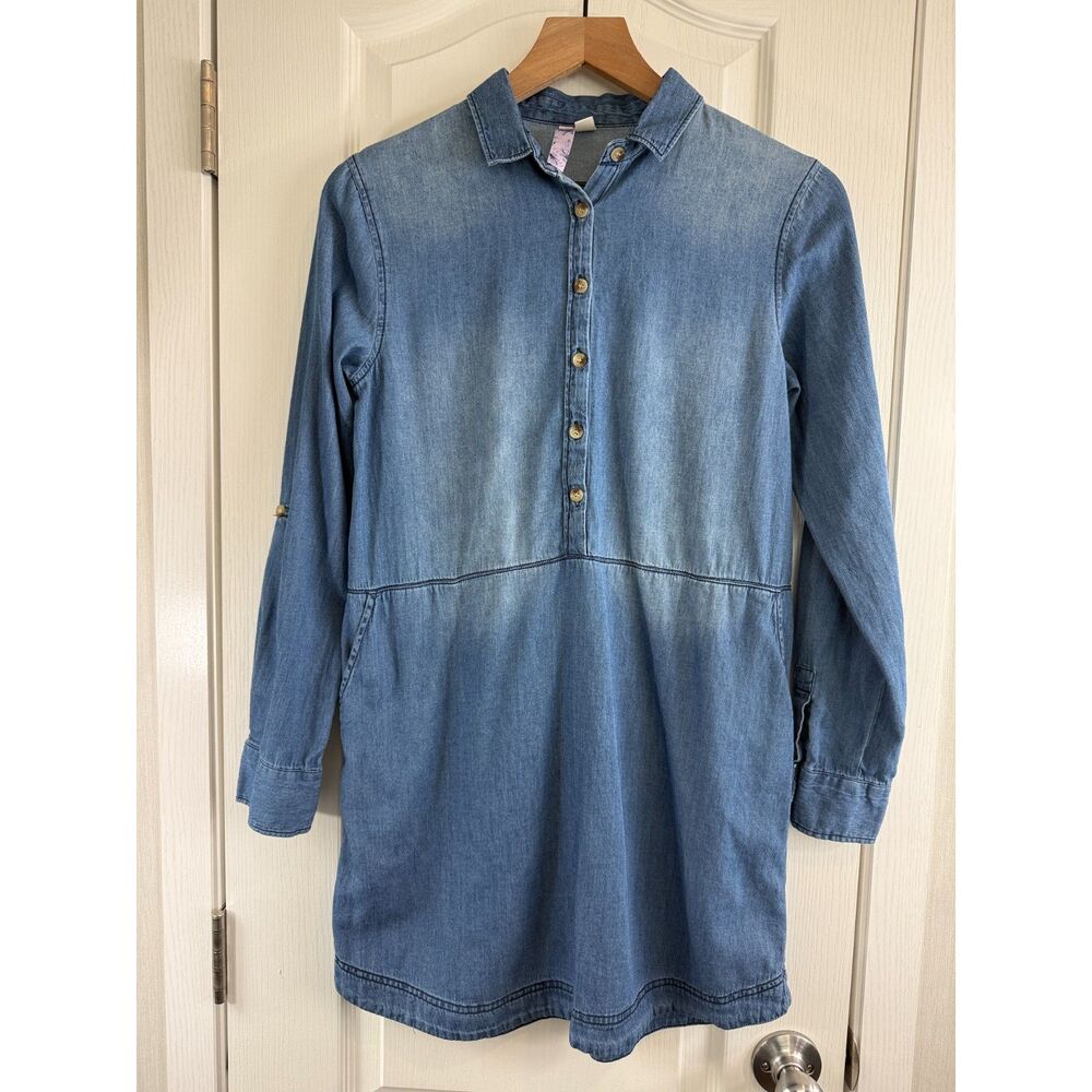 Alya Women's Long Sleeve Blue Chambray Mini Dress 100% Cotton Size S